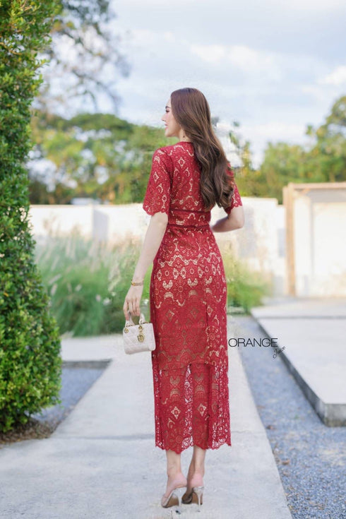 ORANGE JUICE Elegant Lacey V-Neckline Half Sleeves Long Dress